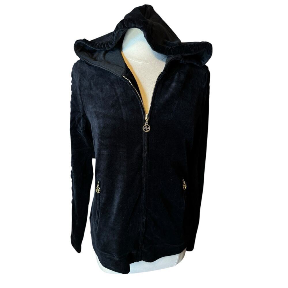 Adrienne Vittadini NEW Velour Full Zip Hoodie Sweatshirt XL Black